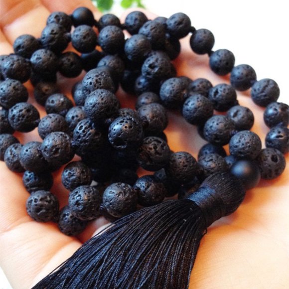 NWT Black Lava Hand-Knotted Mala Beads 108 With Black Silky Tassel - Picture 2 of 4